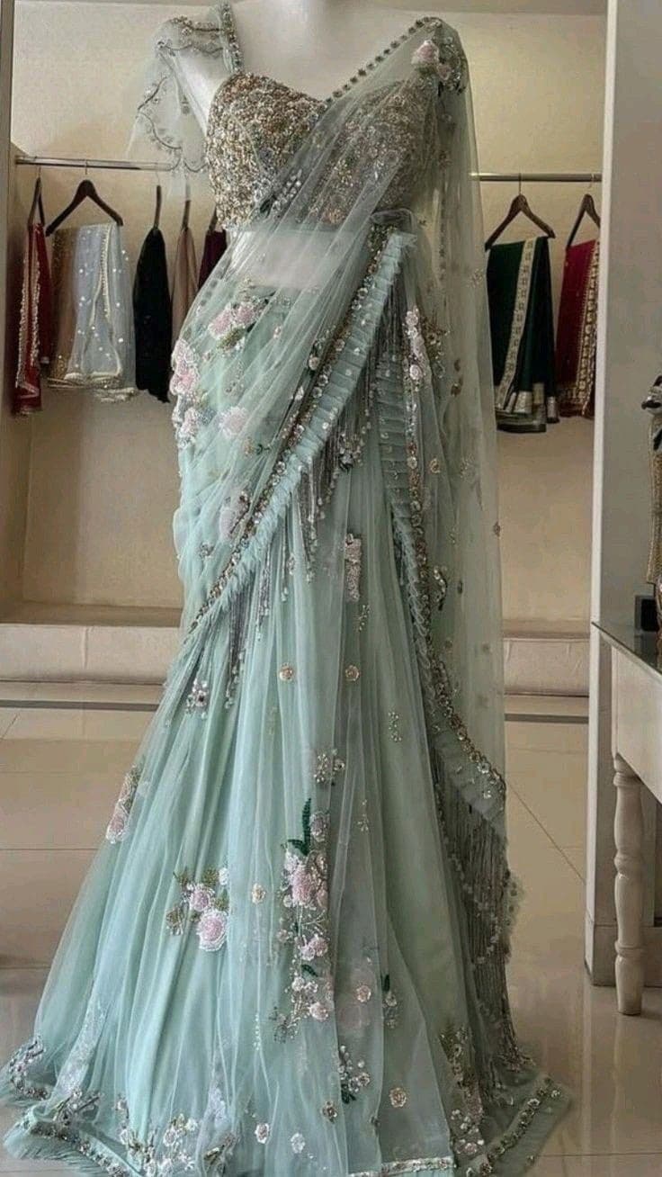 Mint Crystal Saree Elegance