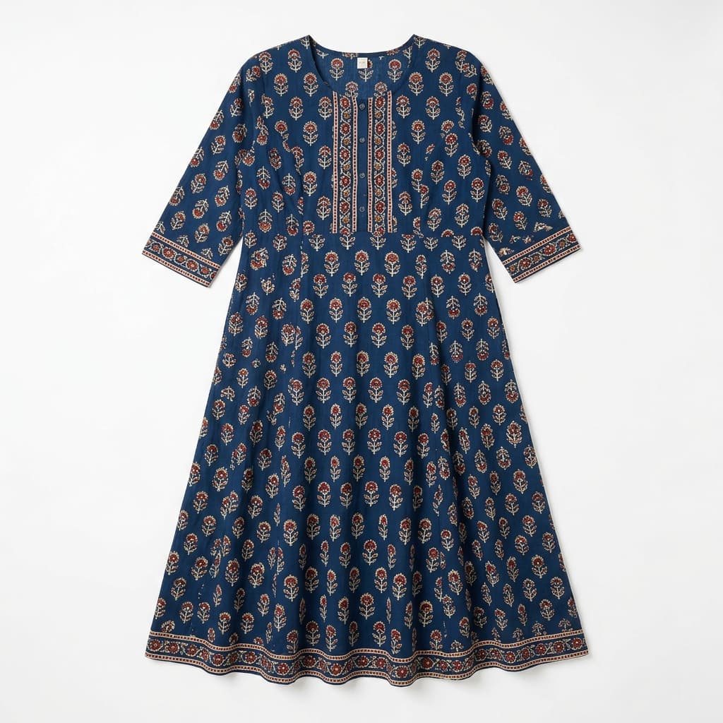 Indigo Block Print A-Line Kurti