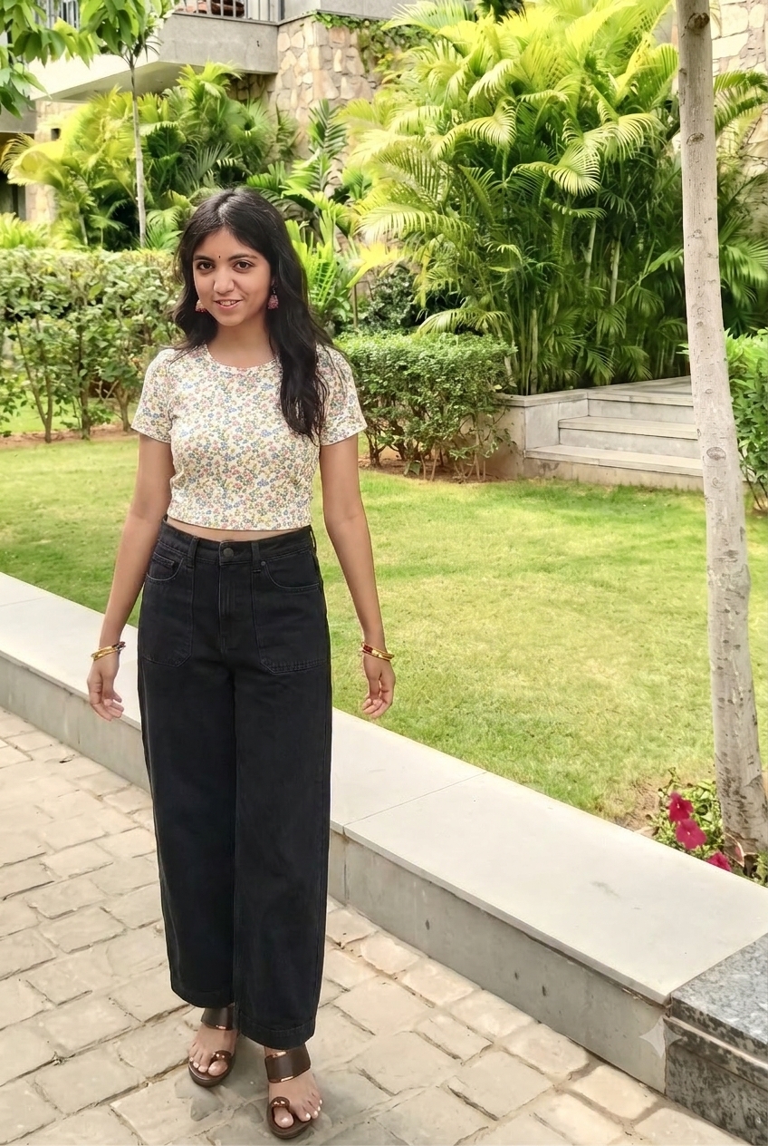 Jet Black Baggy · Floral Crop Top